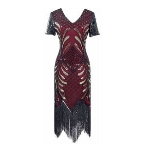 ❤️✨ NWT Flapper Great Gatsby 1920s Retro Tassel Fringe Sequin Midi Red Dress XL